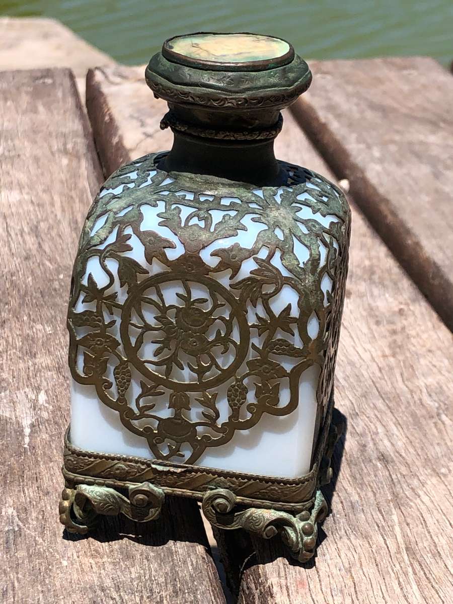 19th C French Royal Palais White Opaline Crystal (Baccarat) & Ormolu Perfume Bottle ~ c1860