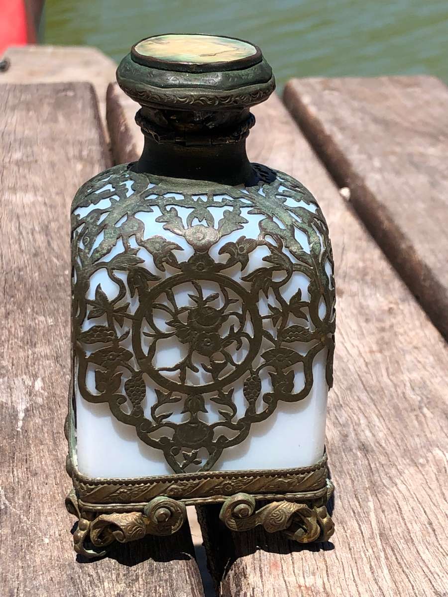 19th C French Royal Palais White Opaline Crystal (Baccarat) & Ormolu Perfume Bottle ~ c1860