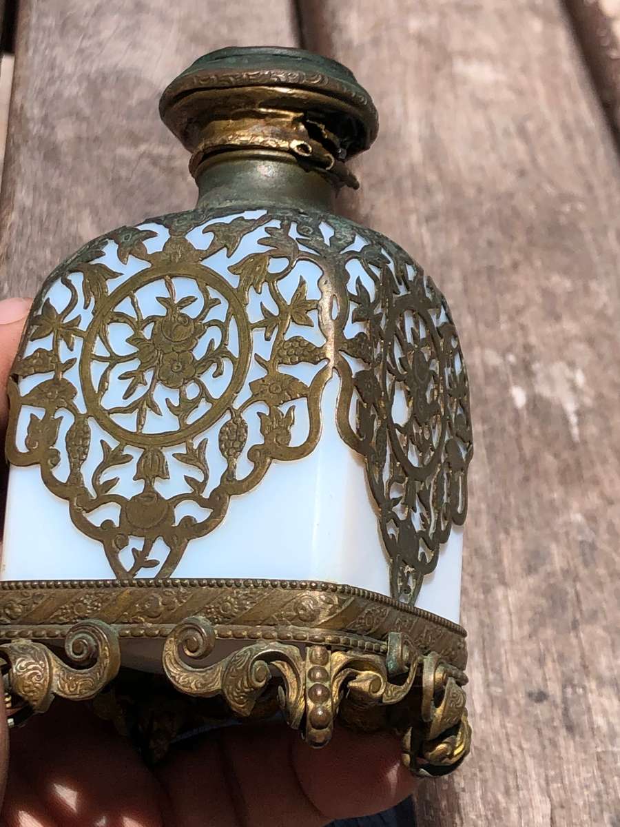 19th C French Royal Palais White Opaline Crystal (Baccarat) & Ormolu Perfume Bottle ~ c1860