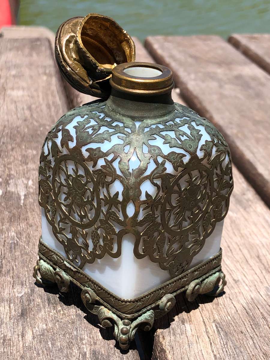 19th C French Royal Palais White Opaline Crystal (Baccarat) & Ormolu Perfume Bottle ~ c1860