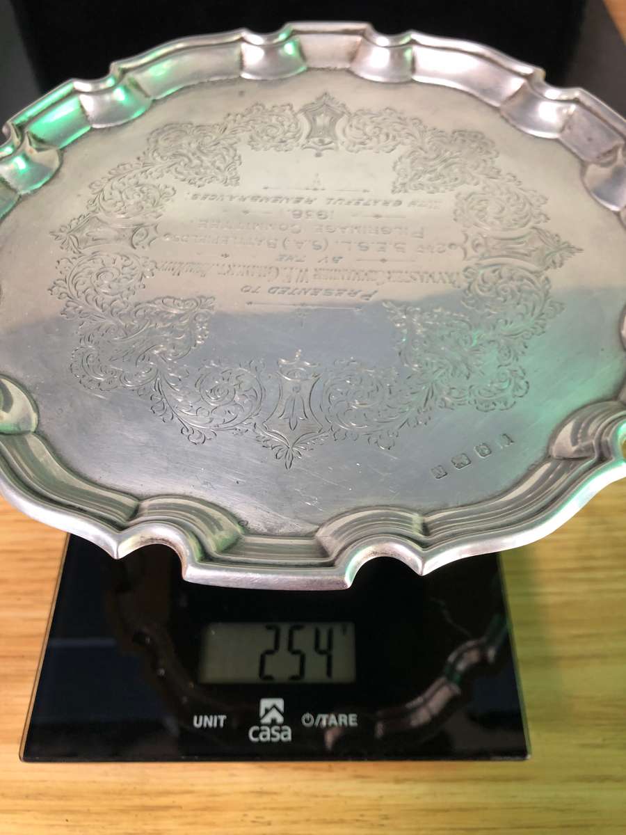 STERLING SILVER COMMEMORATIVE CARD TRAY BY CHARLES GREEN & Co DATED 1937 - 254g