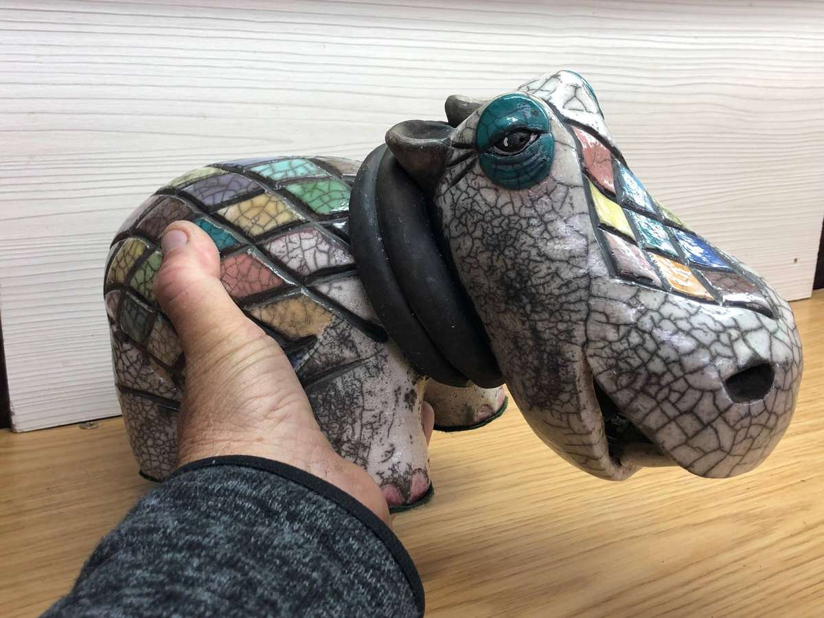 WOW !!! HUGE RAKU POTTERY HIPPO IN IMMACULATE CONDITION