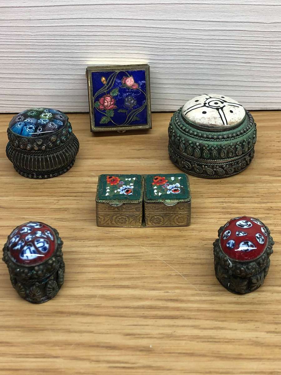 Selection of vintage pill boxes - Millefiori , enamel , coloured glass , various finishes