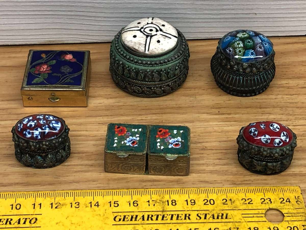 Selection of vintage pill boxes - Millefiori , enamel , coloured glass , various finishes