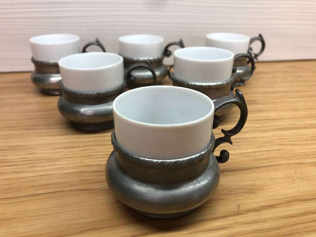 H & C Heinrich & Selb Porcelain Bavaria - Set of six demitasse cups in Pewter cup holders c1930