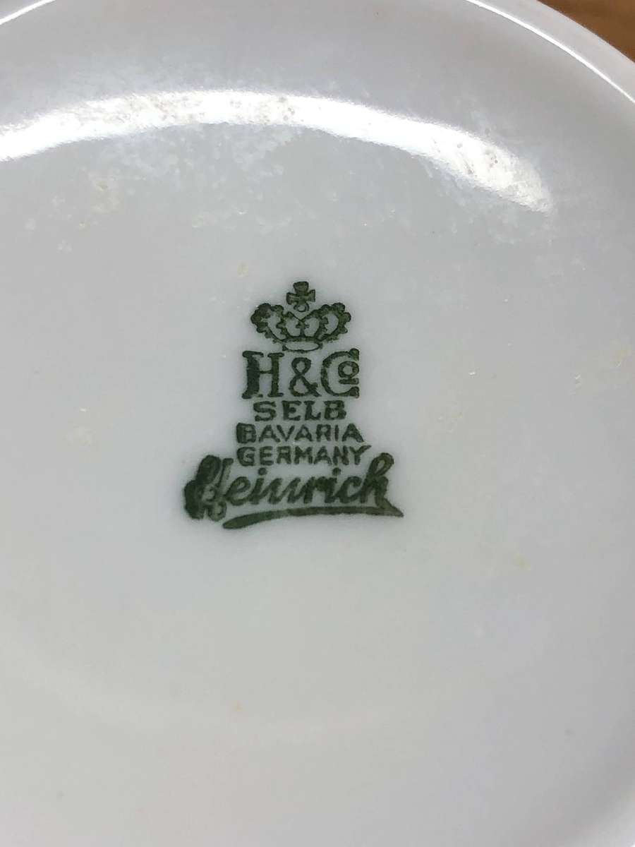 H & C Heinrich & Selb Porcelain Bavaria - Set of six demitasse cups in Pewter cup holders c1930