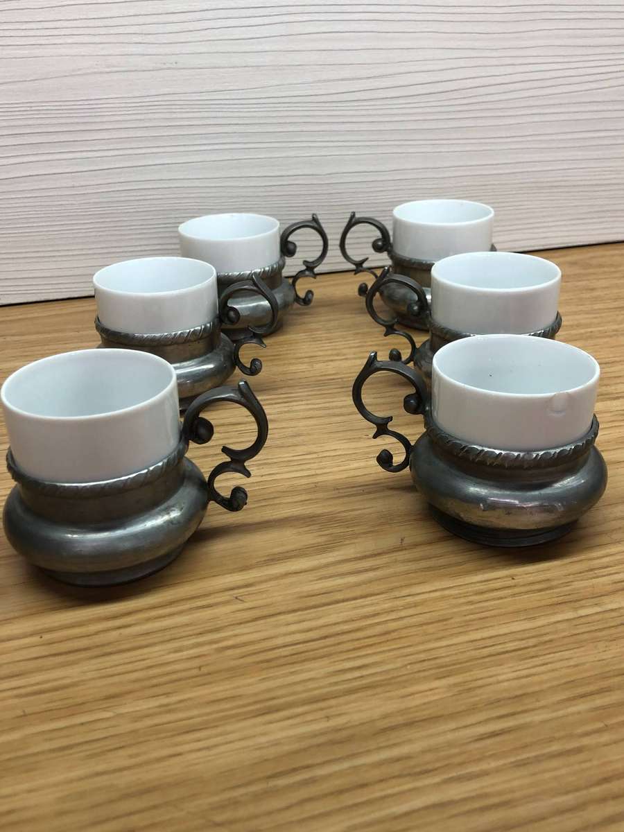 H & C Heinrich & Selb Porcelain Bavaria - Set of six demitasse cups in Pewter cup holders c1930