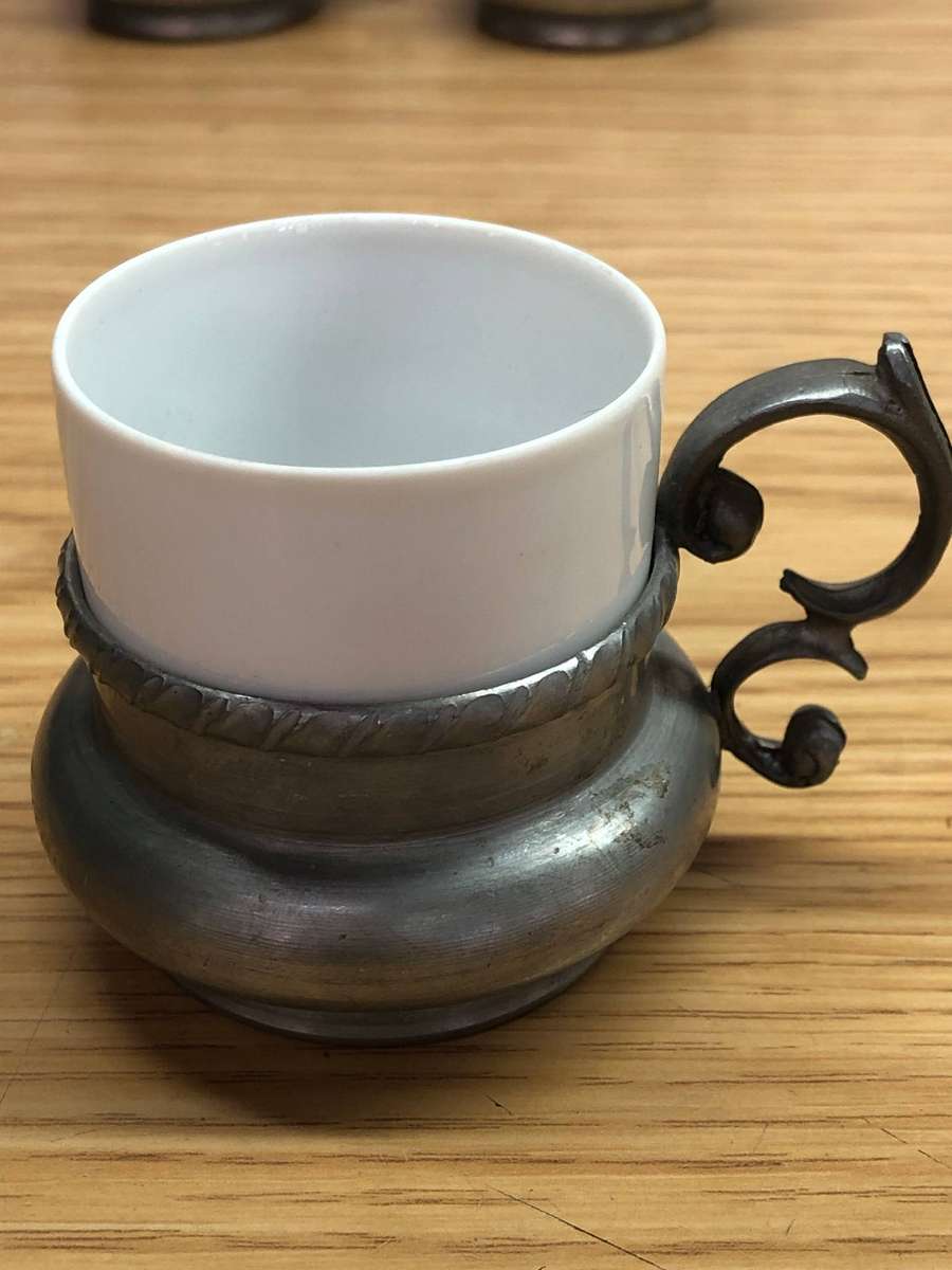 H & C Heinrich & Selb Porcelain Bavaria - Set of six demitasse cups in Pewter cup holders c1930
