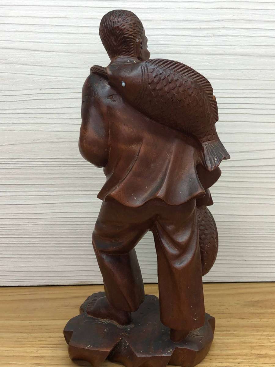Antique carved Chinese rosewood figure of a fisherman - c19th C