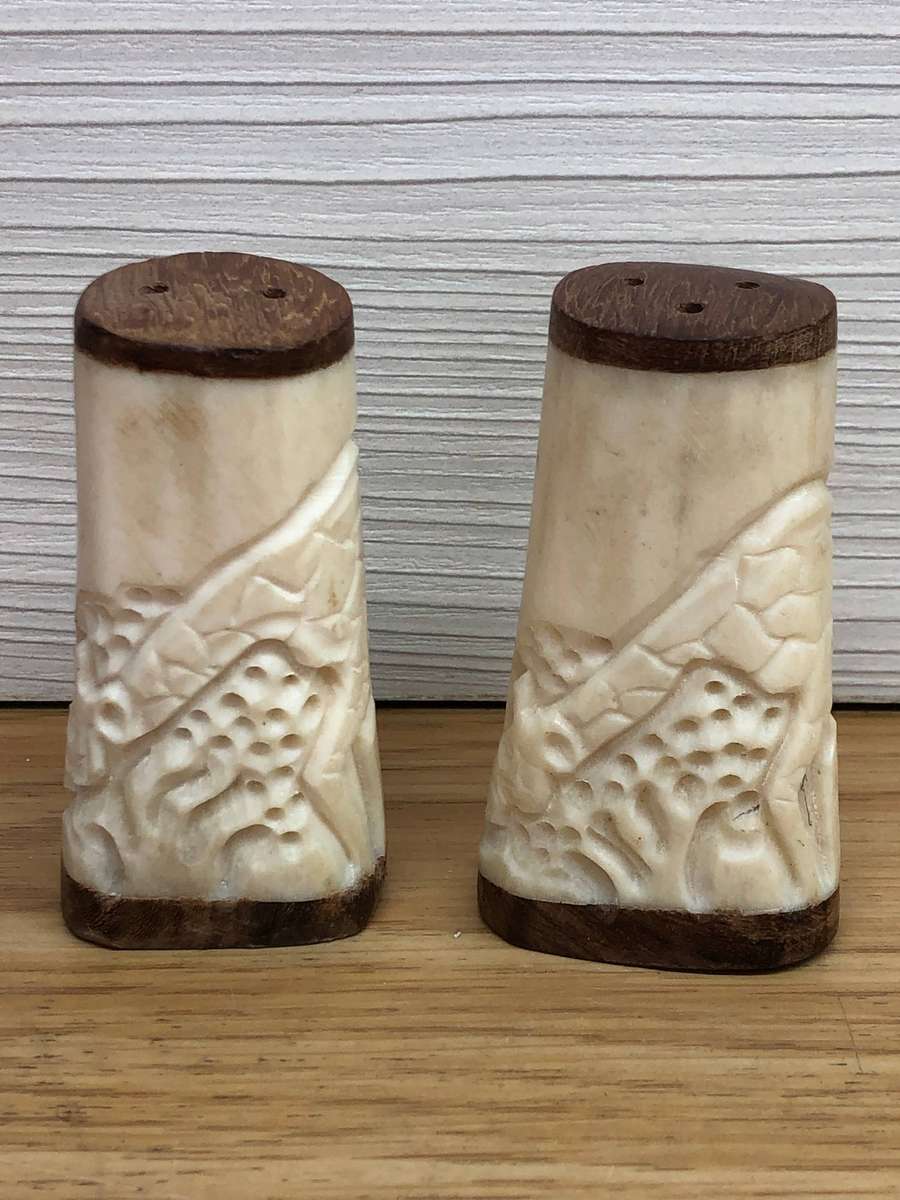"Bone" and Teak Giraffe inspired salt and pepper shakers