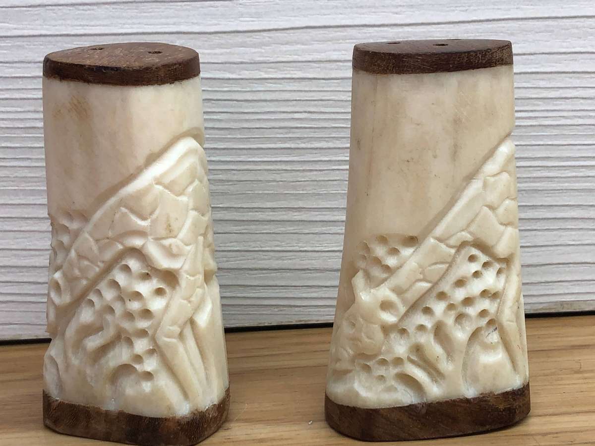 "Bone" and Teak Giraffe inspired salt and pepper shakers
