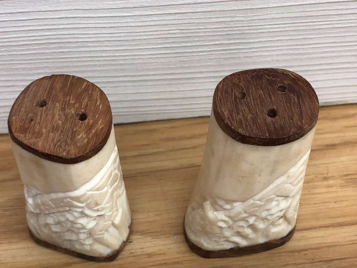 "Bone" and Teak Giraffe inspired salt and pepper shakers