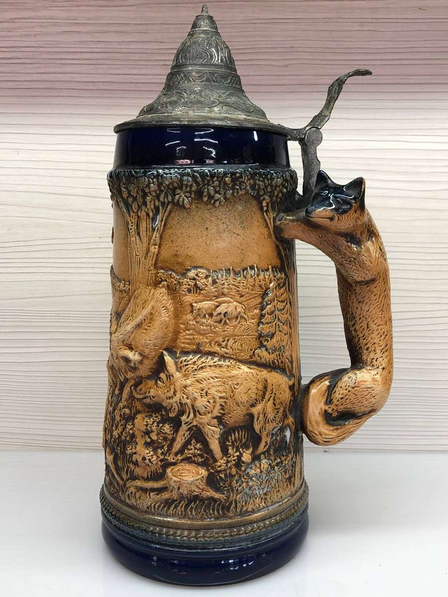 WOW !!! Stunning large Gerz West German hunting scene lidded beer stein