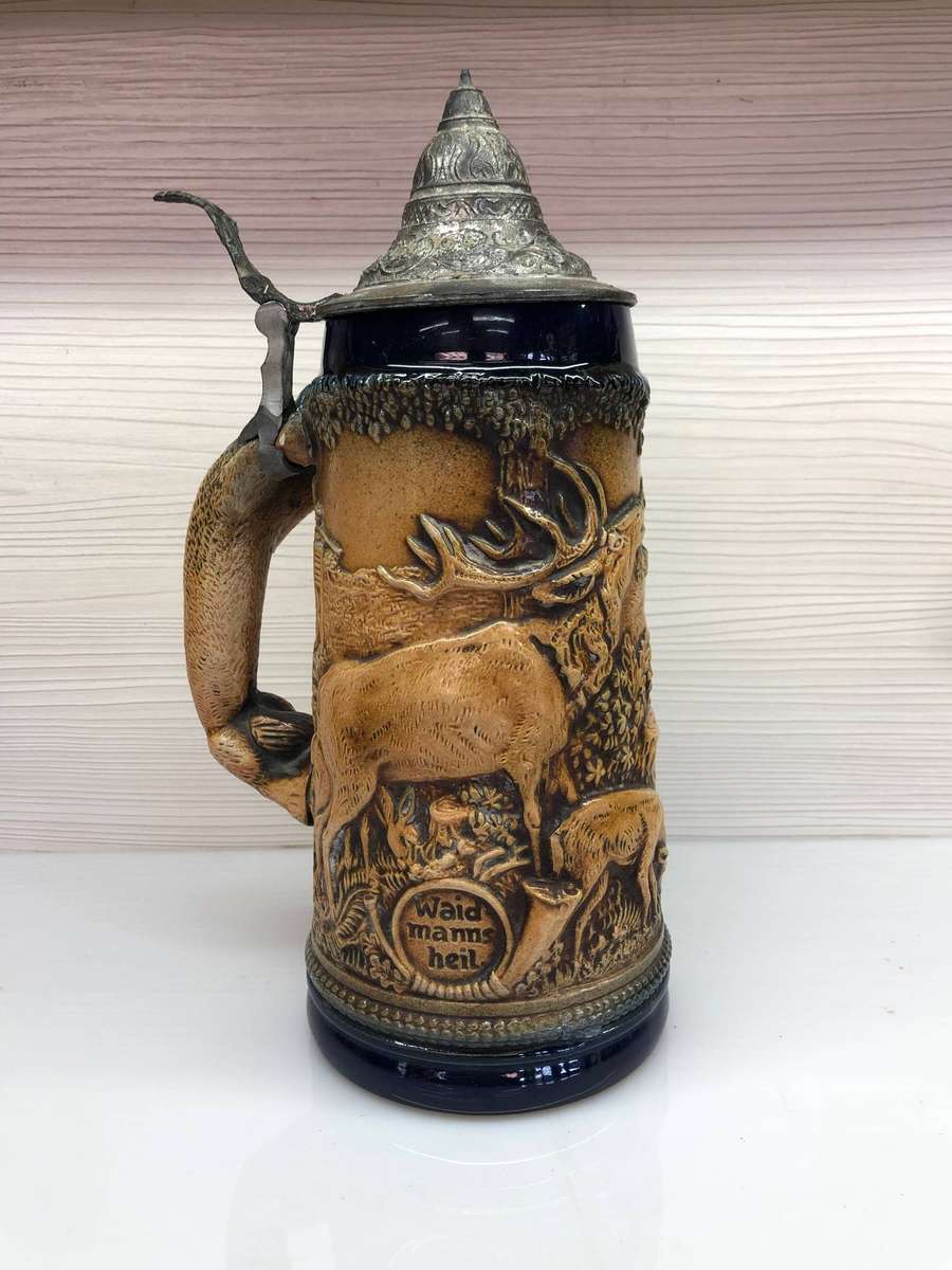 WOW !!! Stunning large Gerz West German hunting scene lidded beer stein