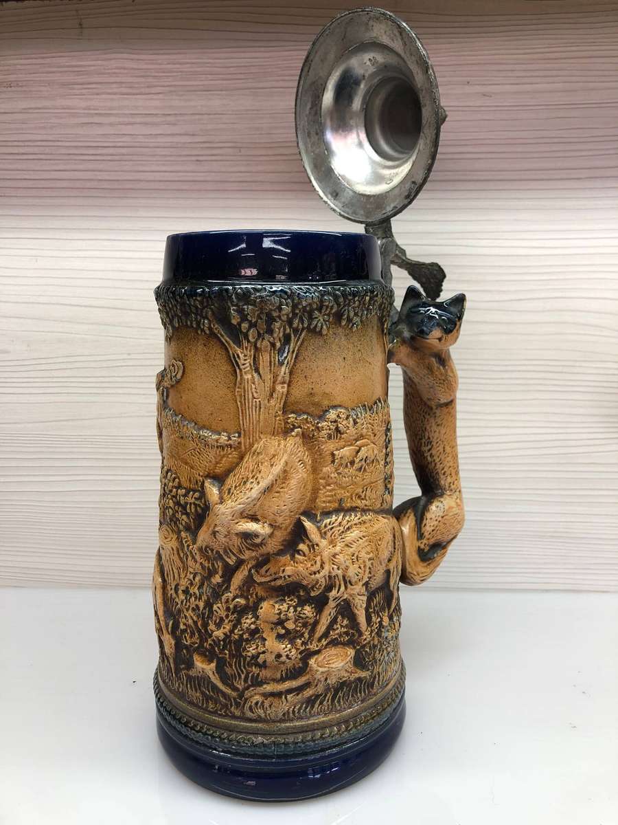 WOW !!! Stunning large Gerz West German hunting scene lidded beer stein