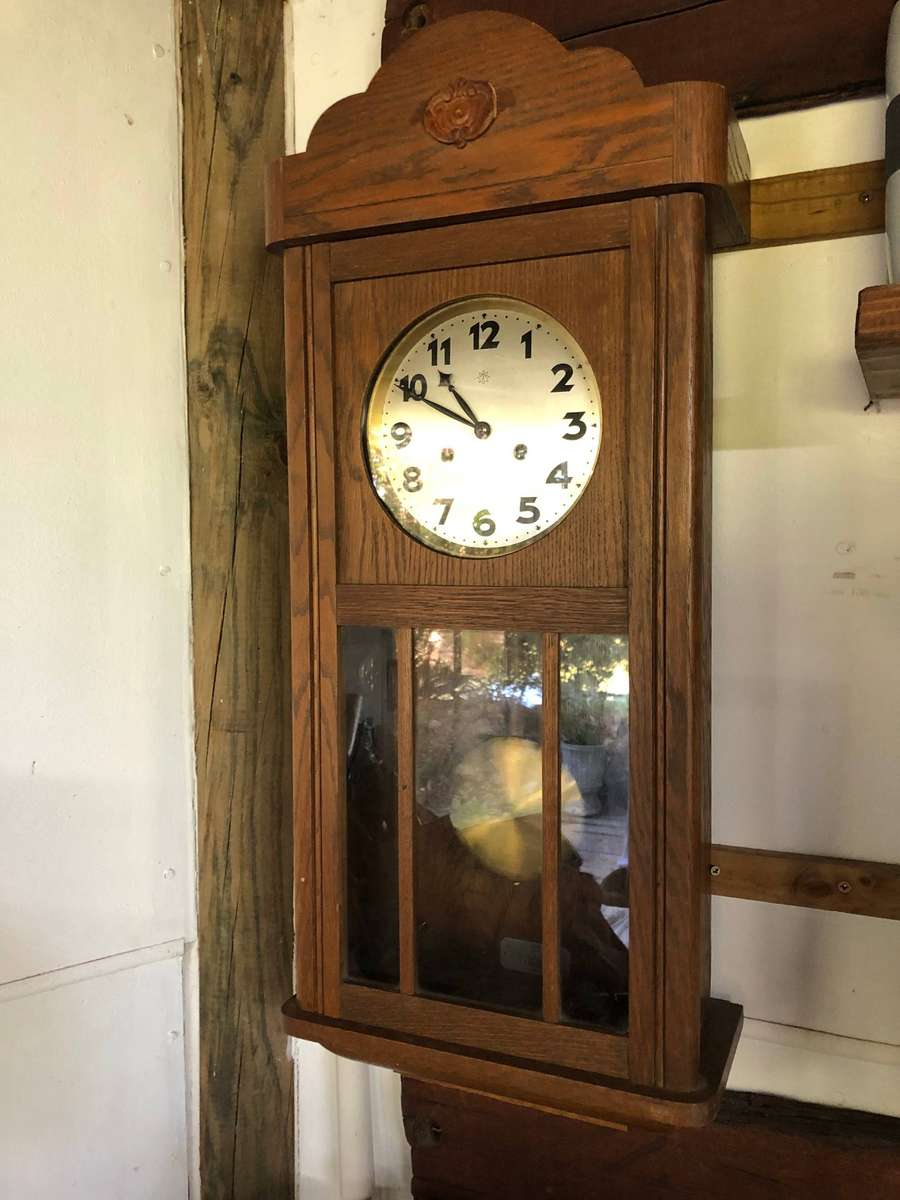 19th C Junghans old oak cased chiming wall clock - full working order with the key - circa 1890
