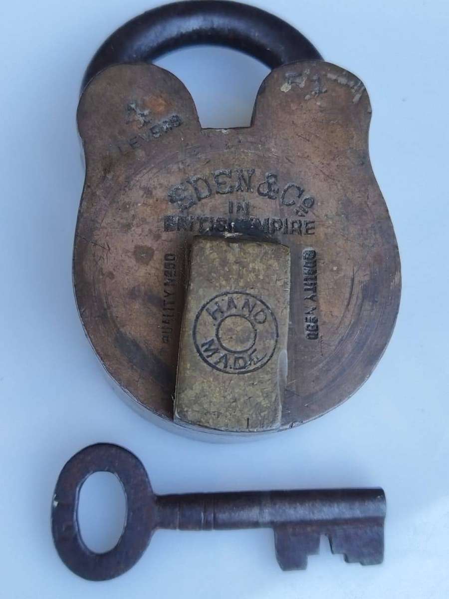 Antique Victorian Era EDEN & CO. 4-Lever Brass Padlock  British Empire Era (With Original Key)