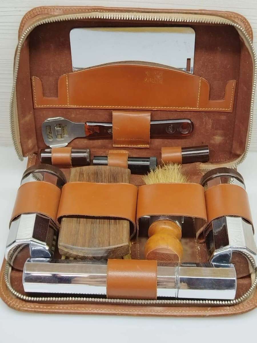 99% complete leather cased chromium plated mens vanity set Made in England c1940's