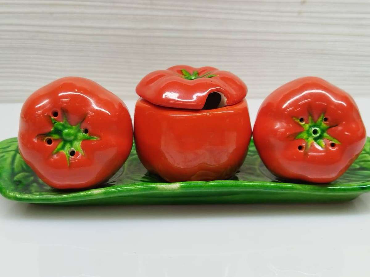 Stunning Occupied Japan (1945-1953) Tomato Ware 4 piece porcelain condiment set