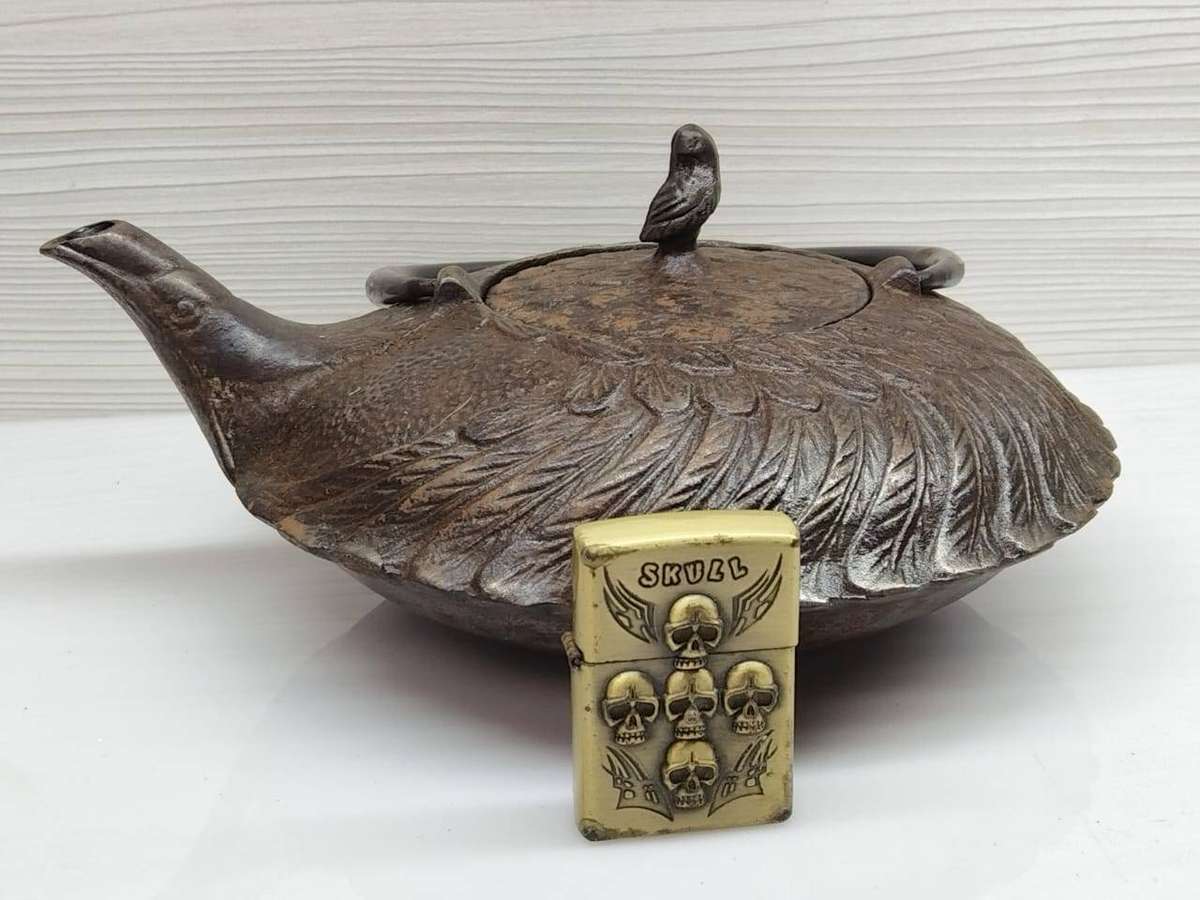 Authentic Signed Japanese Nanbu Tekki Cast Iron Teapot  Pelican Motif  Mid-20th Century