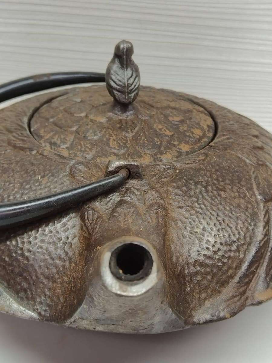 Authentic Signed Japanese Nanbu Tekki Cast Iron Teapot  Pelican Motif  Mid-20th Century