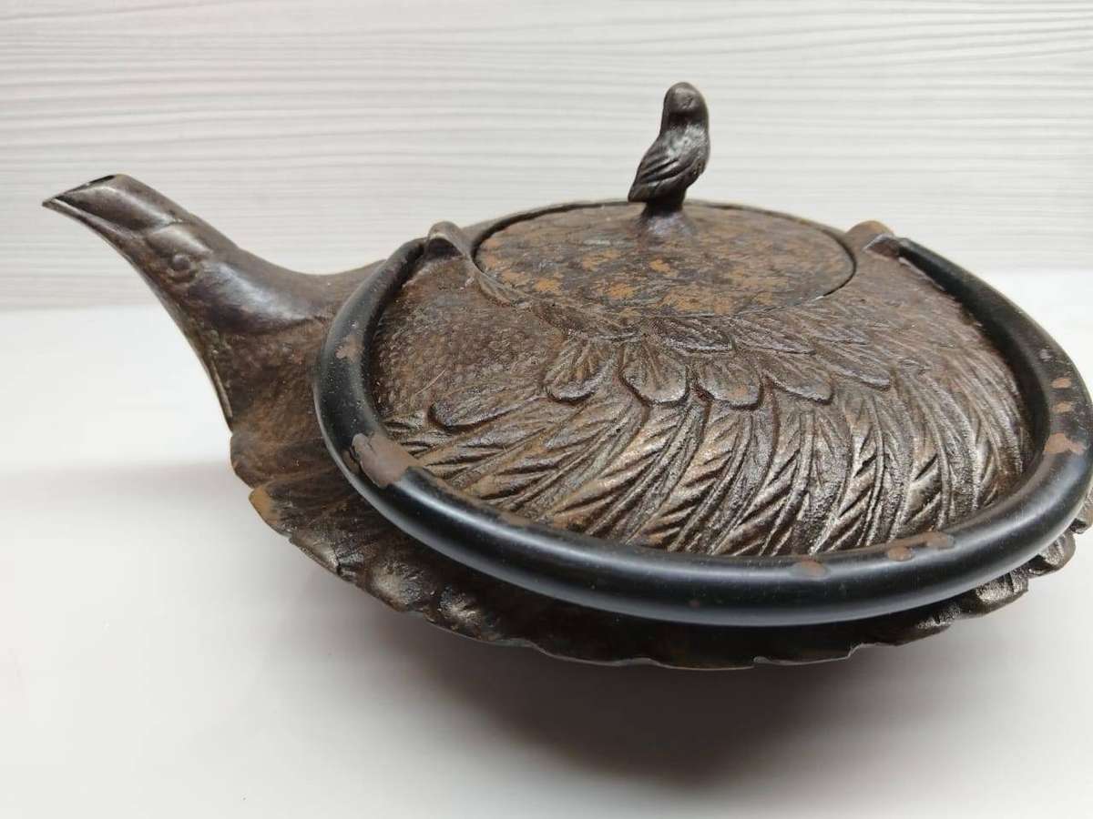 Authentic Signed Japanese Nanbu Tekki Cast Iron Teapot  Pelican Motif  Mid-20th Century