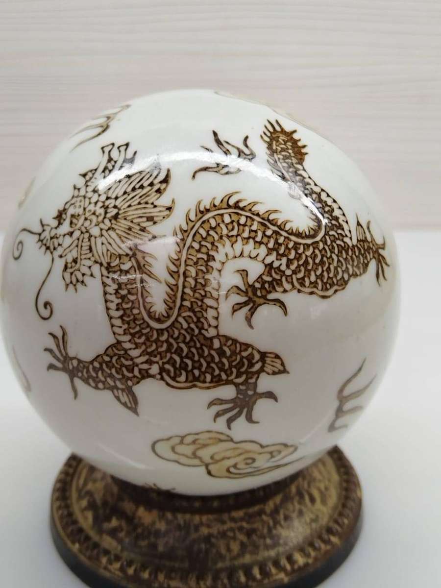 Vintage Chinoiserie Solid Porcelain 10cm Orb with Cast Iron Stand  5-Toed Dragon