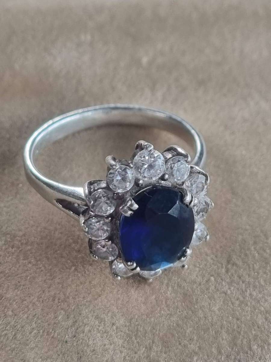 Stunning Princess Diana Style Blue Sapphire & CZ Cluster Ring - Solid 925 Silver