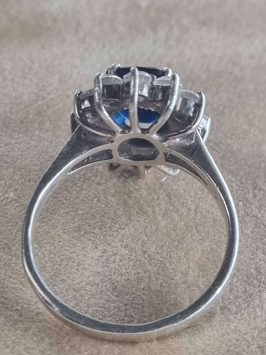 Stunning Princess Diana Style Blue Sapphire & CZ Cluster Ring - Solid 925 Silver