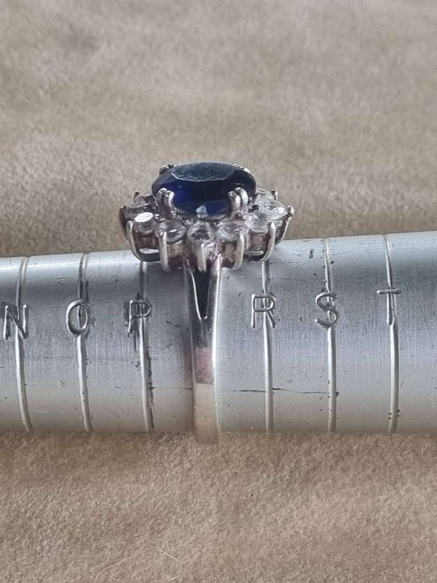 Stunning Princess Diana Style Blue Sapphire & CZ Cluster Ring - Solid 925 Silver