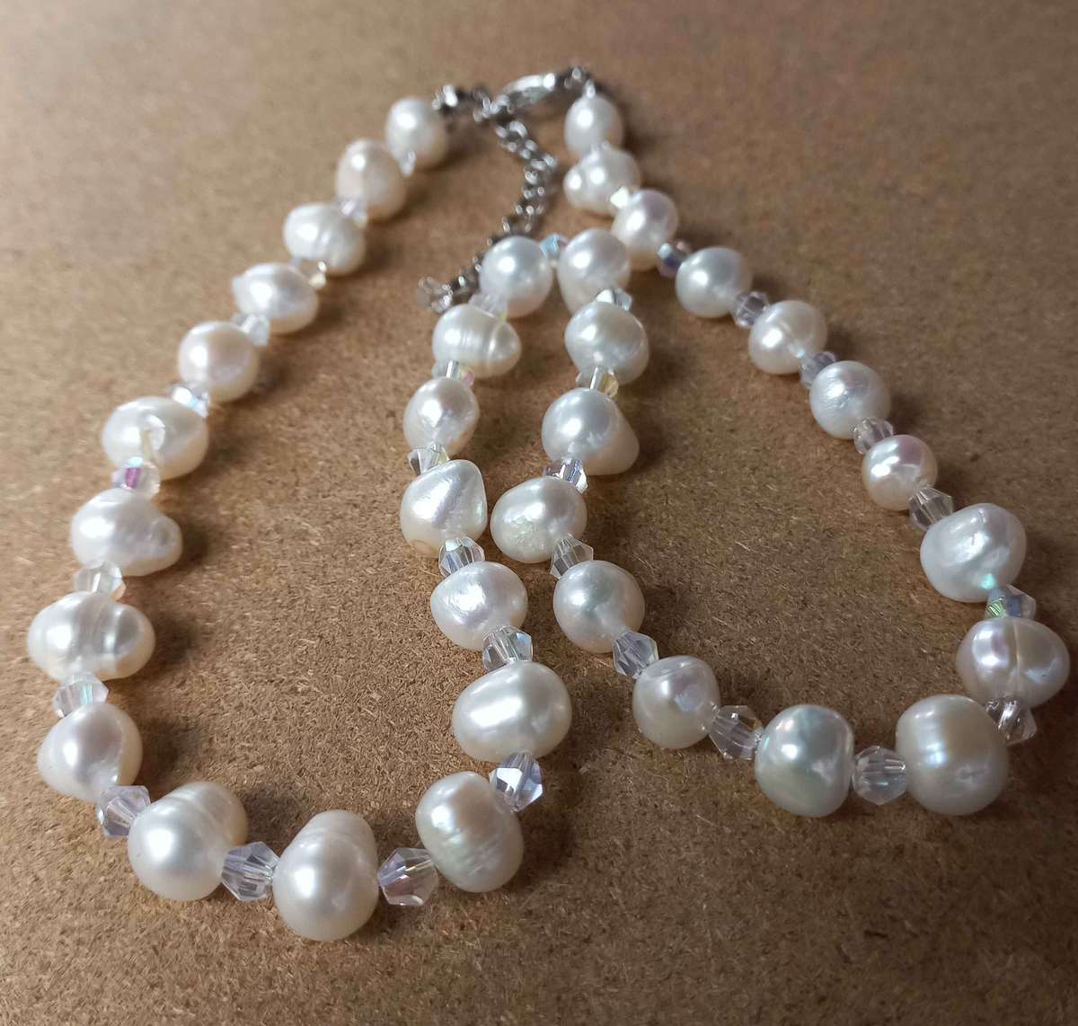 Necklace, White Freshwater Pearls+Clear AB Crystal Beads, Nickel Findings, Lobster Clasp, 42cm+5cm