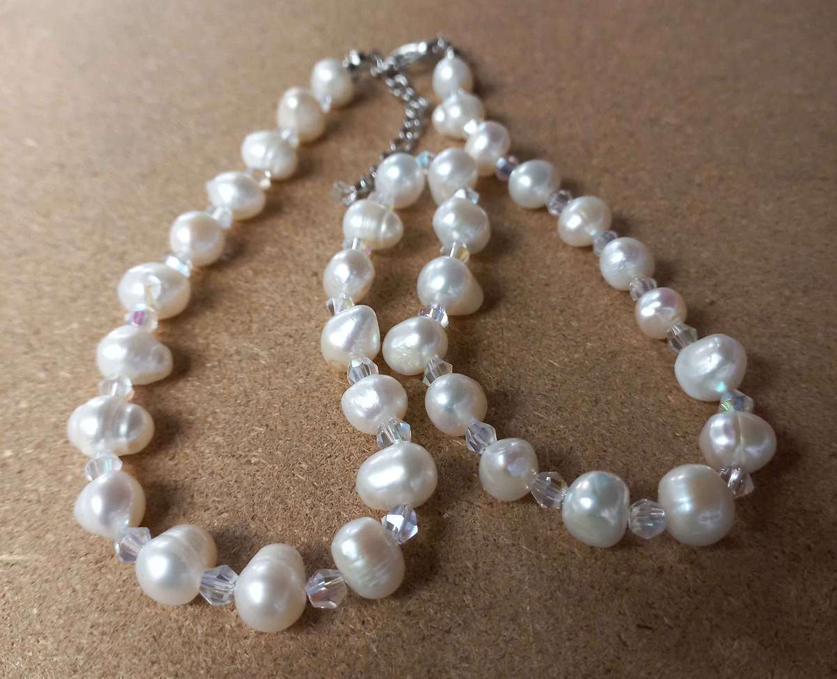 Necklace, White Freshwater Pearls+Clear AB Crystal Beads, Nickel Findings, Lobster Clasp, 42cm+5cm
