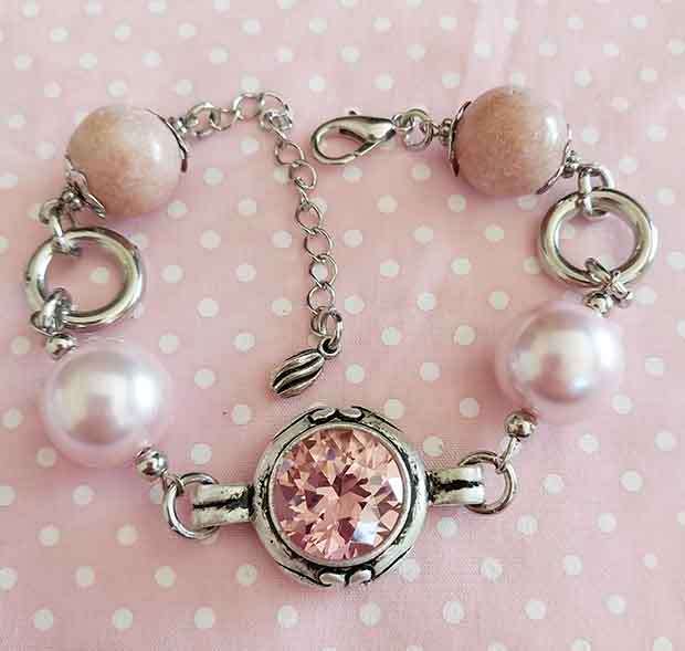 Bracelet, Pink Glass Pearls+Semi-Precious Beads+Pink Rhi, Nickel Findings, Lobster Clasp, 19.5cm+5cm