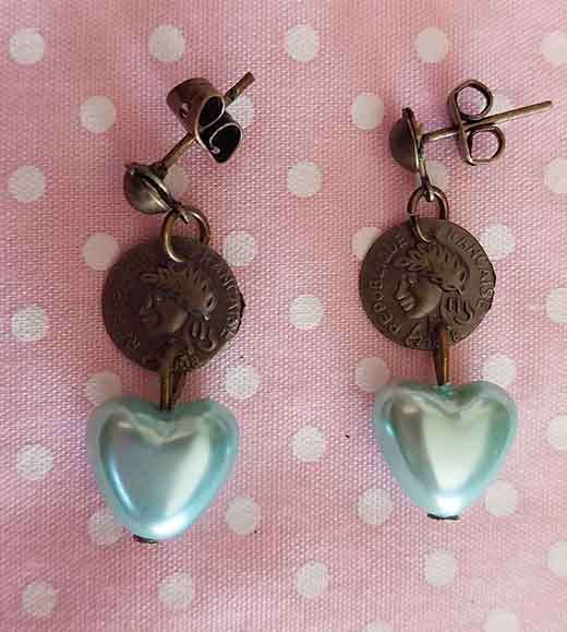 Earrings, Blue Faux Pearl Heart, Bronze Findings And Ear Studs, 28mm, 2pc