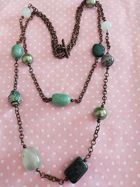 Necklace, Green Glass Pearls+Semi-Precious+Clay Beads, Bronze Findings, Toggle Clasp, 50cm