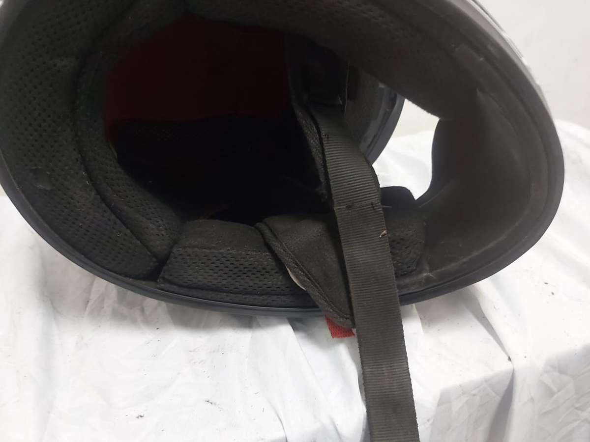 MOTORBIKE HELMET BLACK WITH GREY AND WHITE STRIPS