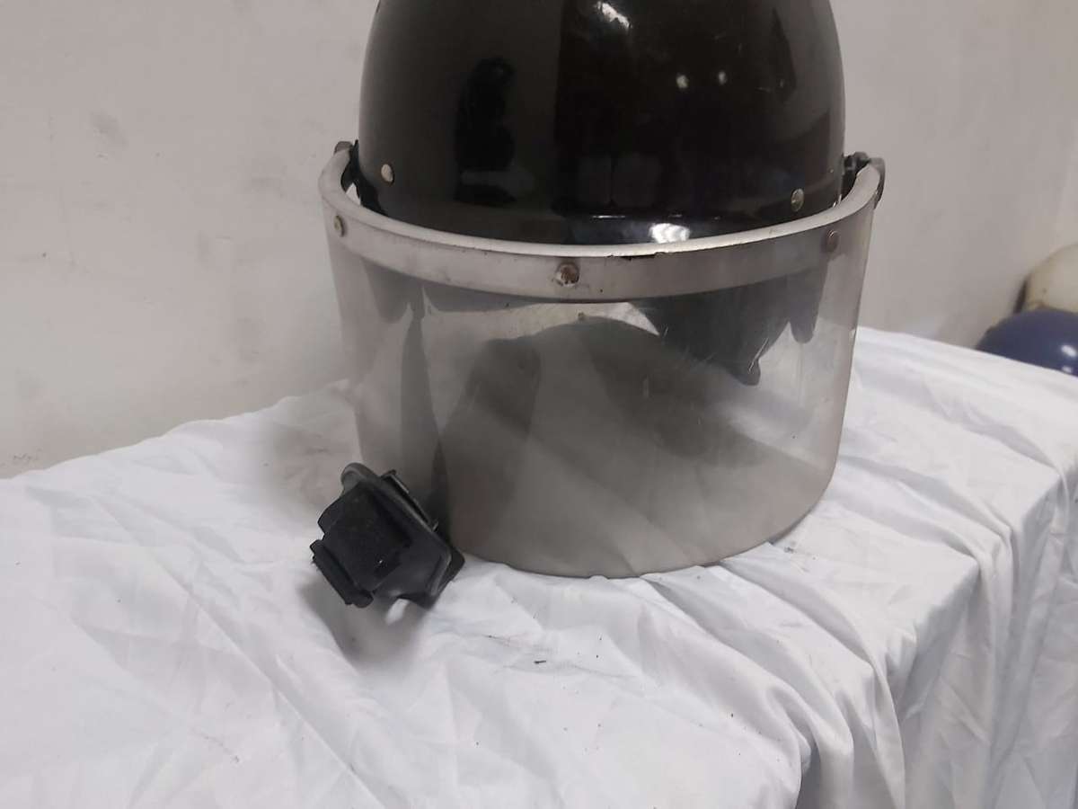 MOTORBIKE HELMET WITH VISOR AND LEATHER NECK FLAP