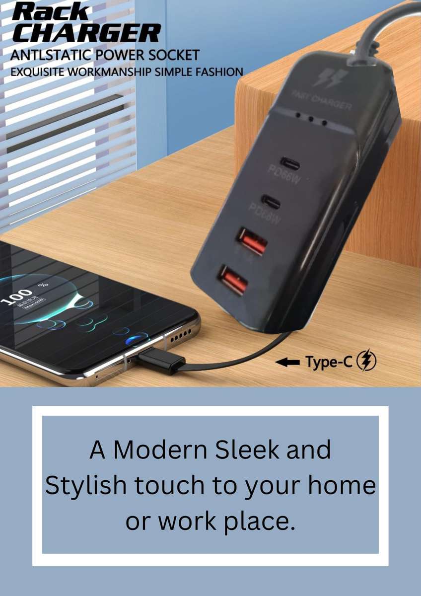 66W Rack Charger With 4 Ports/66W Fast Charger 2 Type-C & 2 USB with Type-C Cable/Fast Rack Charger