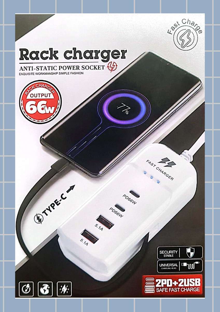 66W Rack Charger With 4 Ports/66W Fast Charger 2 Type-C & 2 USB with Type-C Cable/Fast Rack Charger