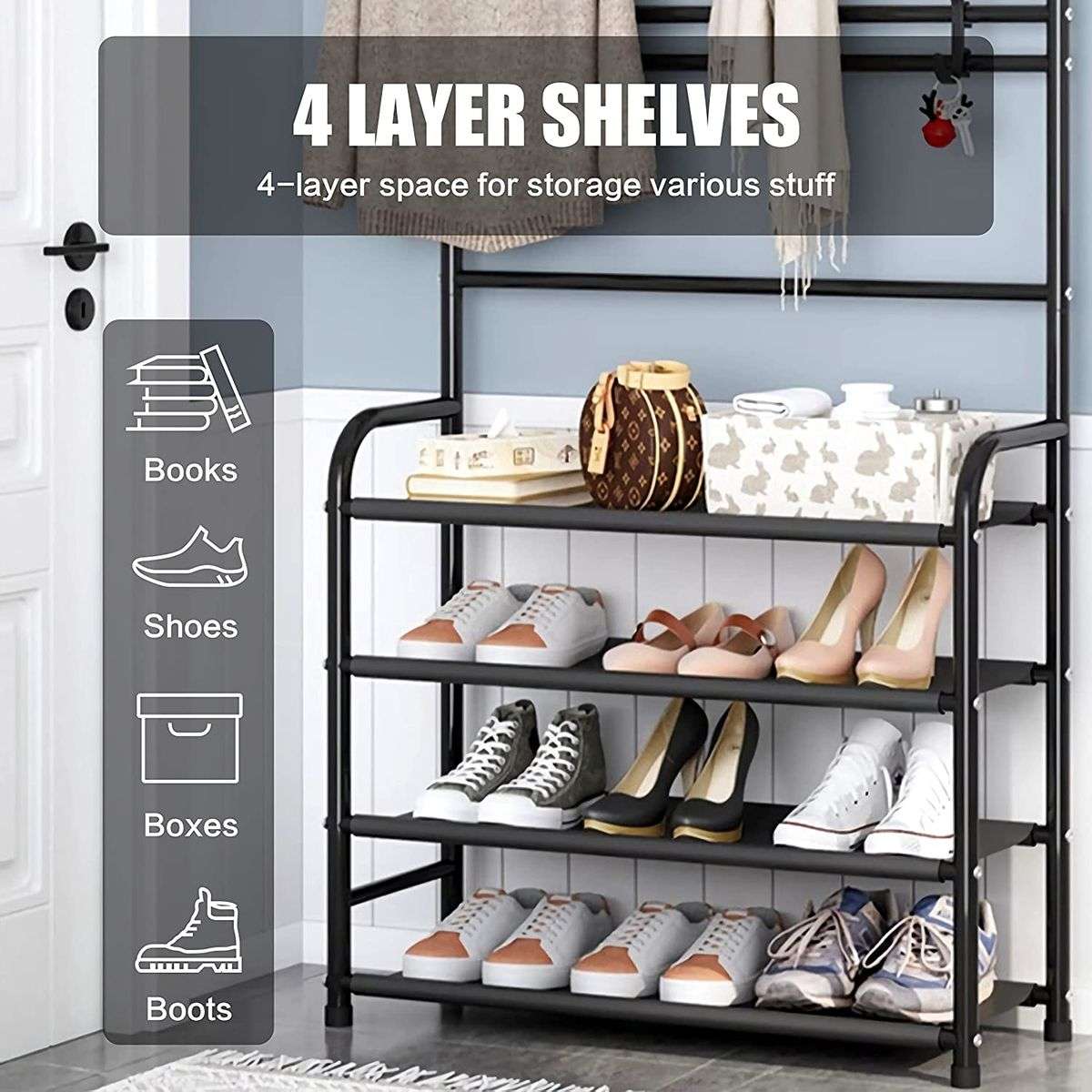 4 -Tier Shoe Shelf Rack and Coat Rack for Closet Entryway Hallway