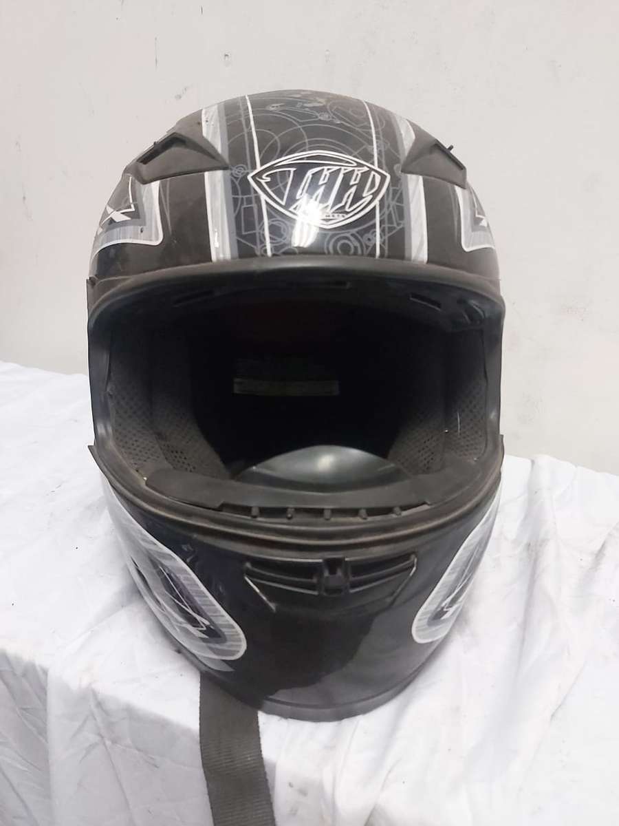 MOTORBIKE HELMET BLACK WITH GREY AND WHITE STRIPS