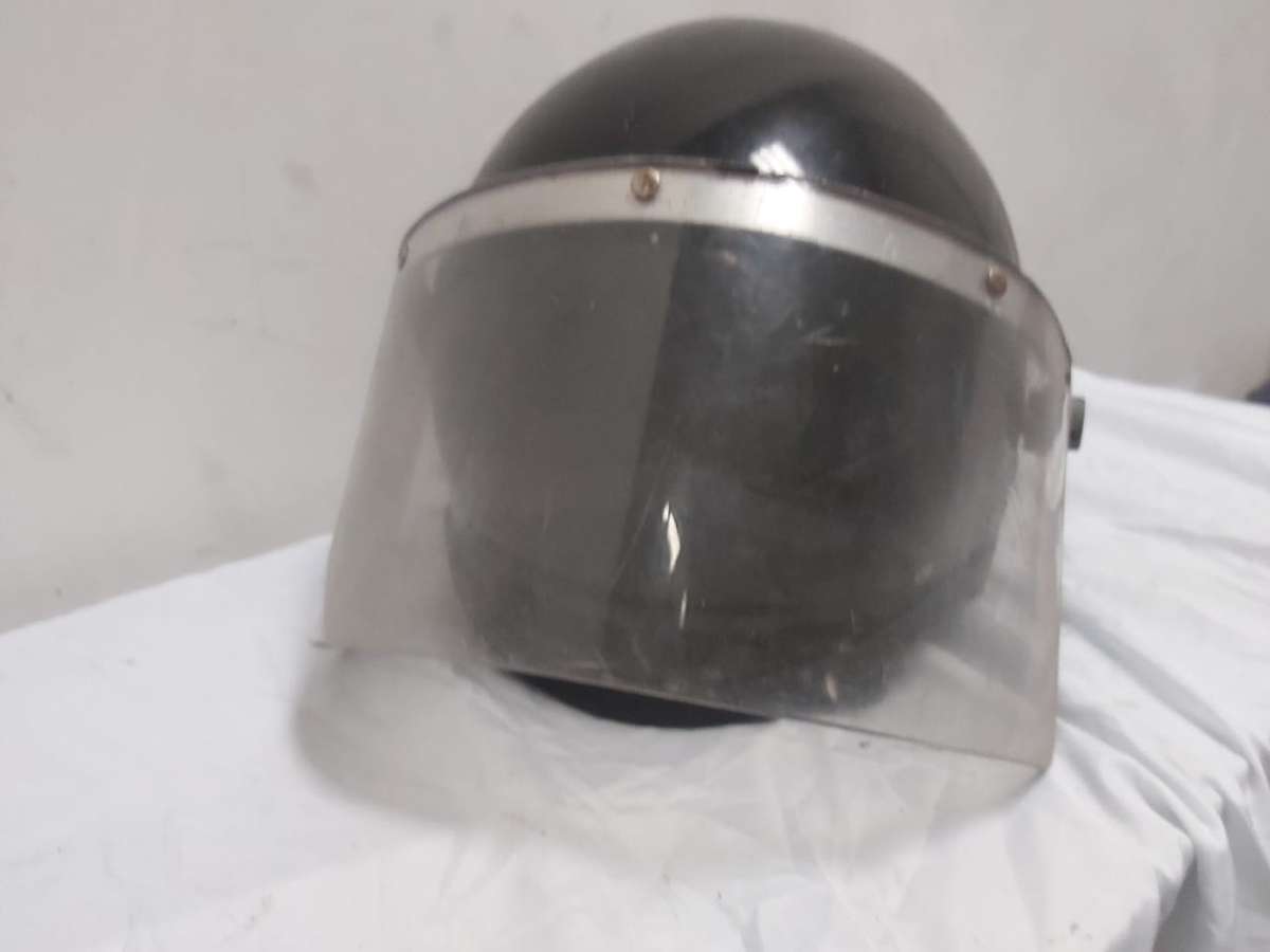 MOTORBIKE HELMET WITH VISOR AND LEATHER NECK FLAP