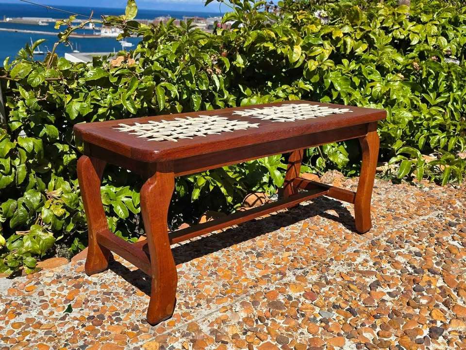 Vintage Mahogany Riempies Bench or Luggage Rack with Woven Leather Seat