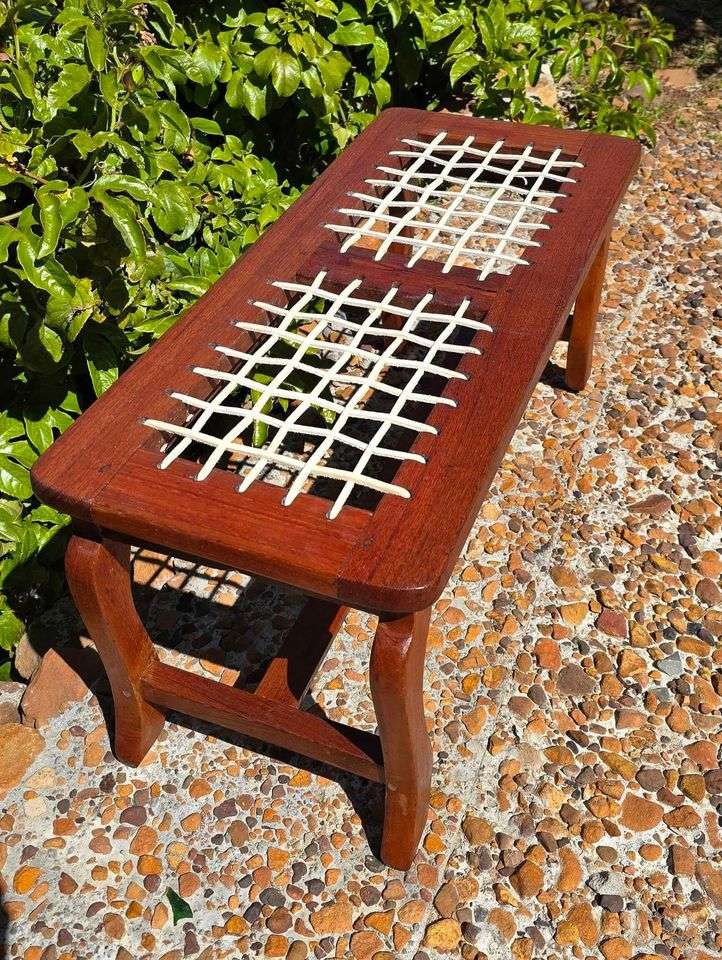 Vintage Mahogany Riempies Bench or Luggage Rack with Woven Leather Seat