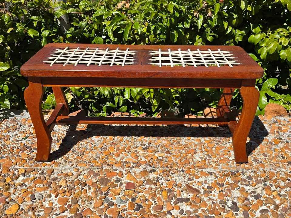 Vintage Mahogany Riempies Bench or Luggage Rack with Woven Leather Seat