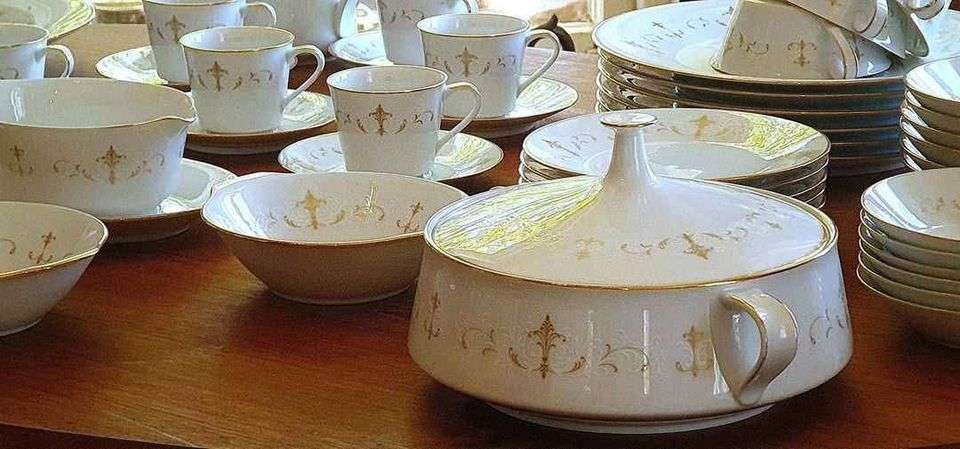 Exquisite 58 Piece Dinner Set in the Courtney Pattern with Gold Trim and White and Gold Scroll