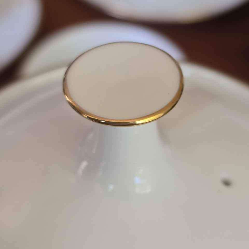 Exquisite 58 Piece Dinner Set in the Courtney Pattern with Gold Trim and White and Gold Scroll