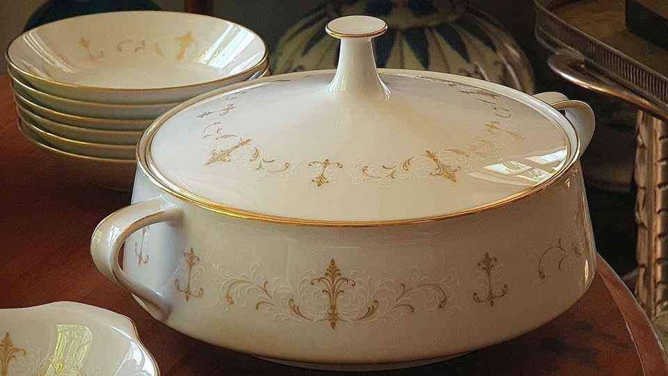 Exquisite 58 Piece Dinner Set in the Courtney Pattern with Gold Trim and White and Gold Scroll