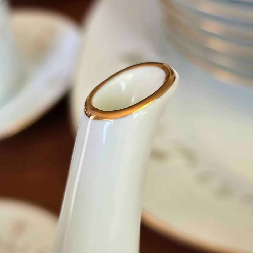 Exquisite 58 Piece Dinner Set in the Courtney Pattern with Gold Trim and White and Gold Scroll