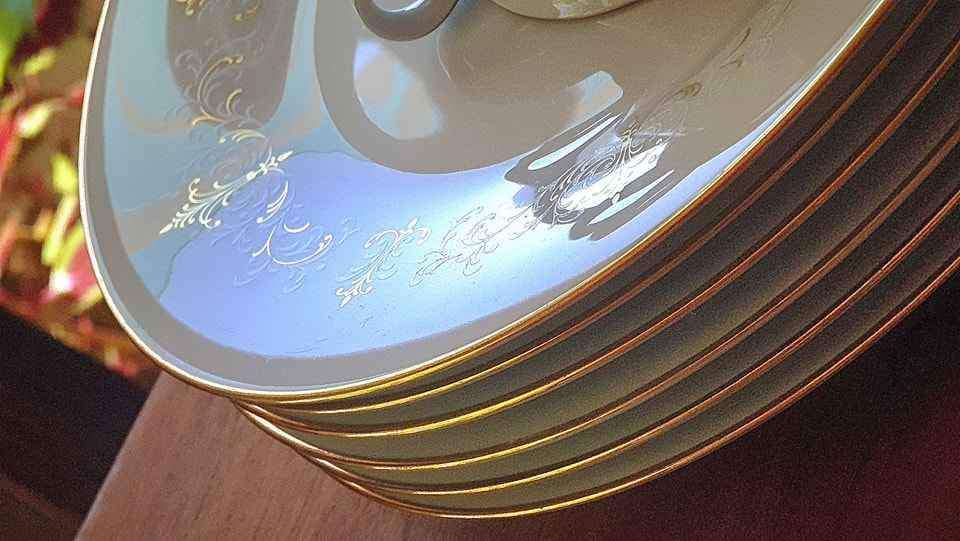 Exquisite 58 Piece Dinner Set in the Courtney Pattern with Gold Trim and White and Gold Scroll